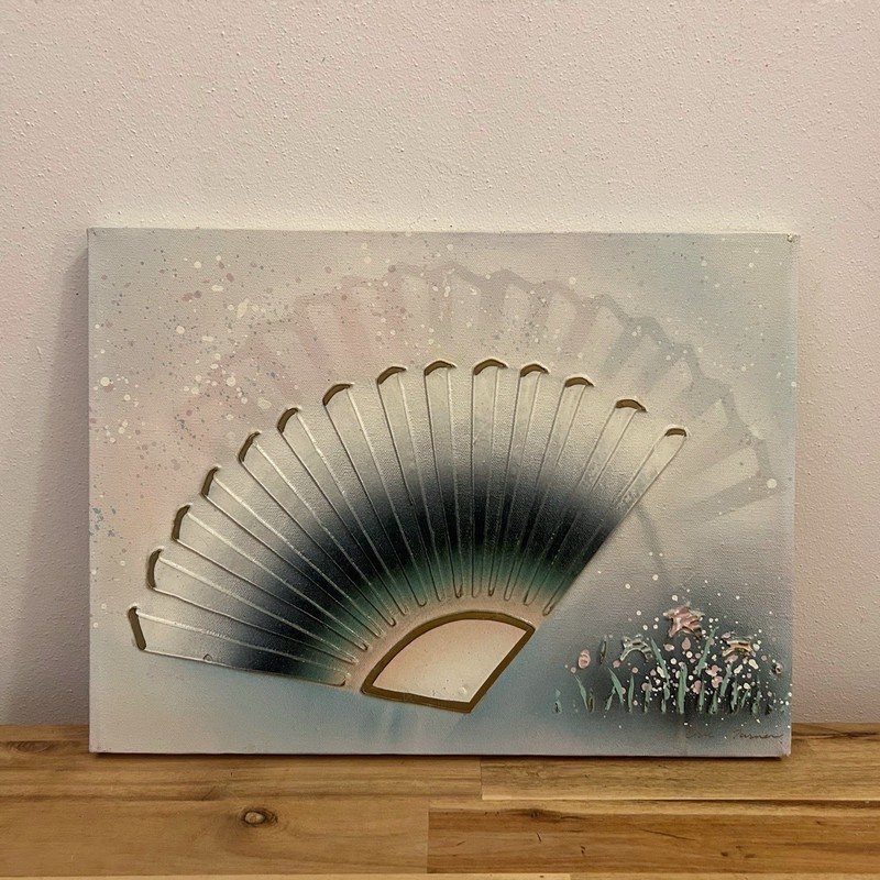 Vintage 90s Impasto Multi Media Fan Painting Signed Pastel Asian Inspired 16x12