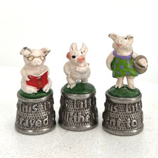 Vintage Three Little Pigs Thimble Set, 3 Nursery Rhyme Collectable Pig Figurines