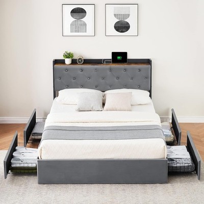 Full Queen Metal Bed Frame with Storage Drawers & Upholstered Storage Headboard