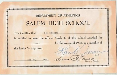 Vintage 1948 Salem High School Circle S Track Award Certificate