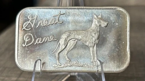 VINTAGE 1973 THE JUSTICE MINT GREAT DANE FINE SILVER ART BAR