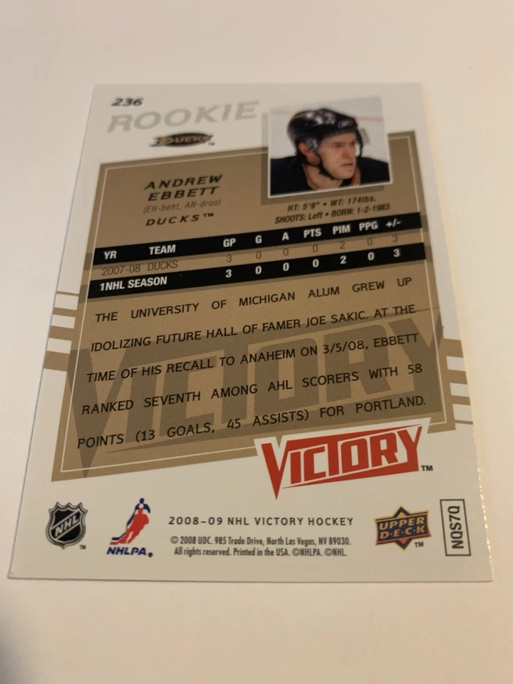 2008-09 UD Victory #236 Andrew Ebbett - Rookie RC -Ducks - Image 2 of 2