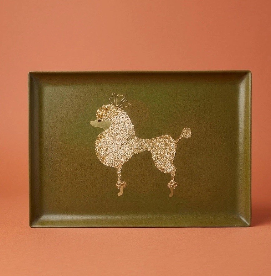 A Couroc of Monterey resin inlay tray featuring a green poodle in classic avocado-olive MCM palette — genuinely rare, artisan-made, and delightfully absurd.