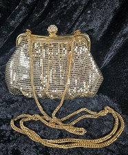 Vintage Whiting Davis 1960s Gold Mesh Shoulder Evening Clutch with crystal clasp