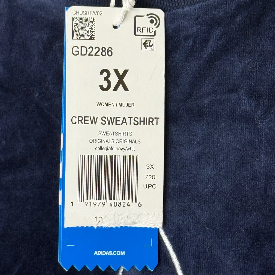 Adidas Originals Womens 3X Velour Trefoil Crew Sweatshirt Collegiate Navy White - Image 3 of 4