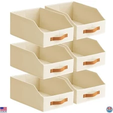 6 Pack Large Beige Fabric Storage Bins - Trapezoid Collapsible Organizers with