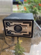 Kodak Brownie Vintage Black Box Camera w/ Art Deco Front Plate Cool