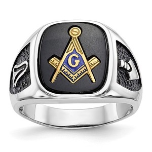 Authentic 10k White Gold and Gold-plated Black Enamel and Onyx Masonic Men's Ring Size 10