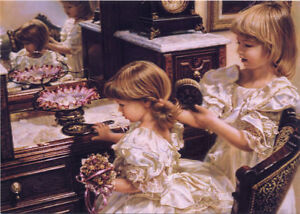 ART Sandra KUCK Kids Child Two Little Girls Kitten Tea Party Modern Postcard #13