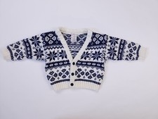 Vintage Infant Fair Isle Cardigan Sweater Navy Blue Ivory Acrylic 6-9 Months