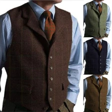 Mens Tweed Vest Windowpane Plaid Vintage Western Wool Vests S M Large XL 2XL 3XL