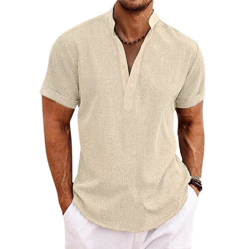 Mens Linen Shirts Summer Short Sleeve Tops V Neck Loose Casual Button Blouse ## - Picture 11 of 55
