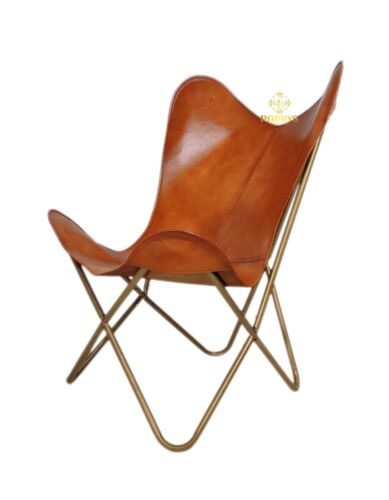 Vintage Marrón Cuero Auténtico Mariposa Silla Salón Habitación Dorado Metal Base - Imagen 2 de 9