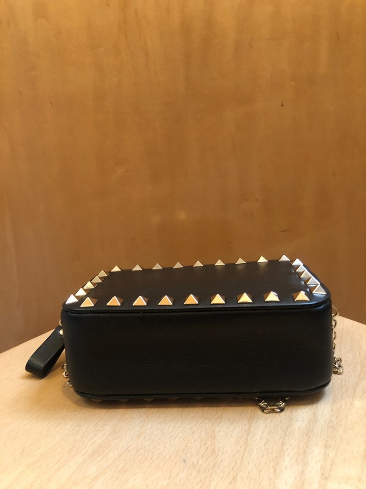 VALENTINO Black Gold Rockstud Small Chain Leather Crossbody Camera Bag