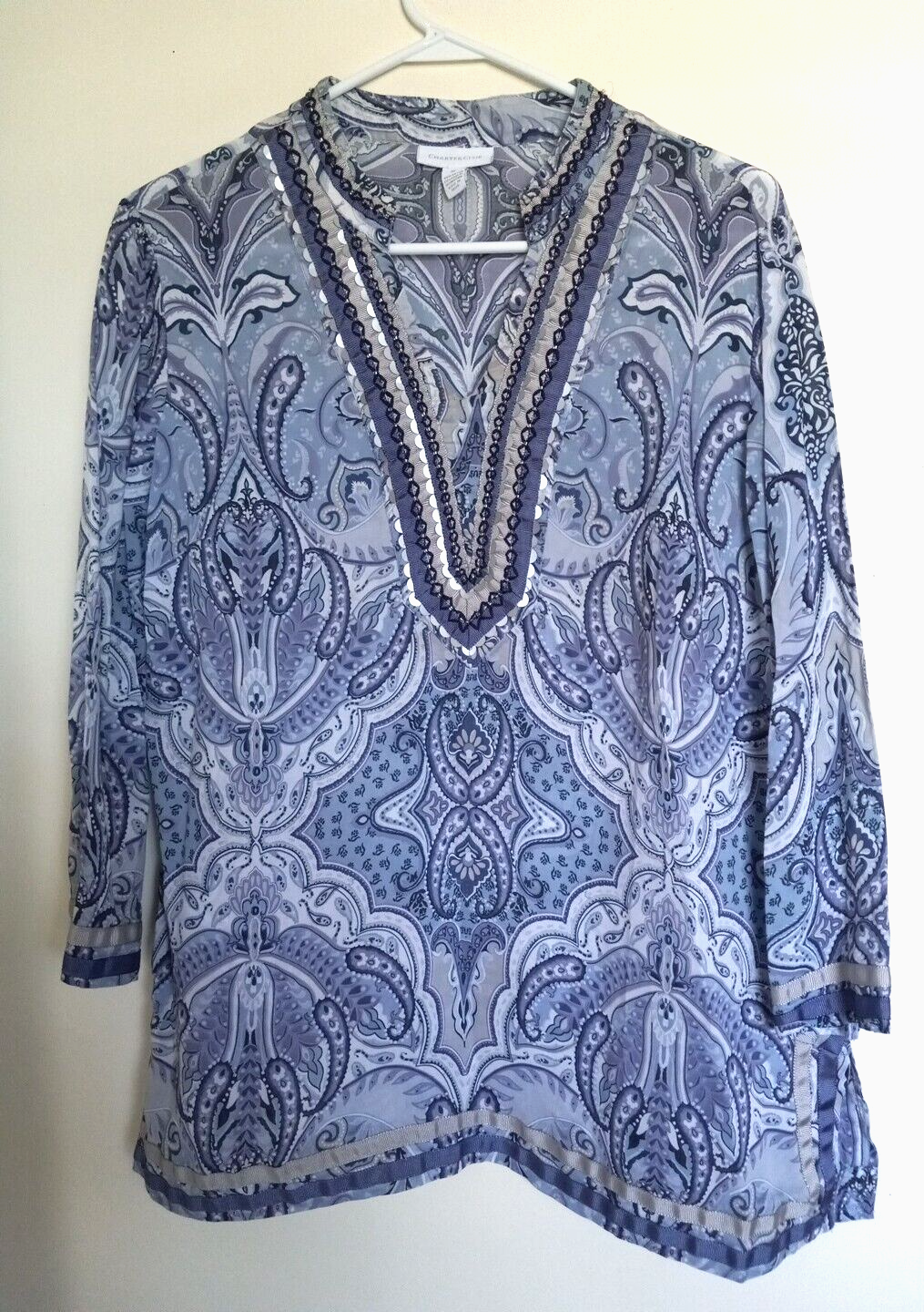 Charter Club Tunic Top Blouse Size M Blue Paisley Print w/ Beaded Neck