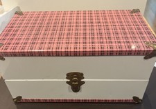VINTAGE MCM DOLL TRUNK CARRYING CASE WARDROBE METAL PINK BLACK PLAID 50 s