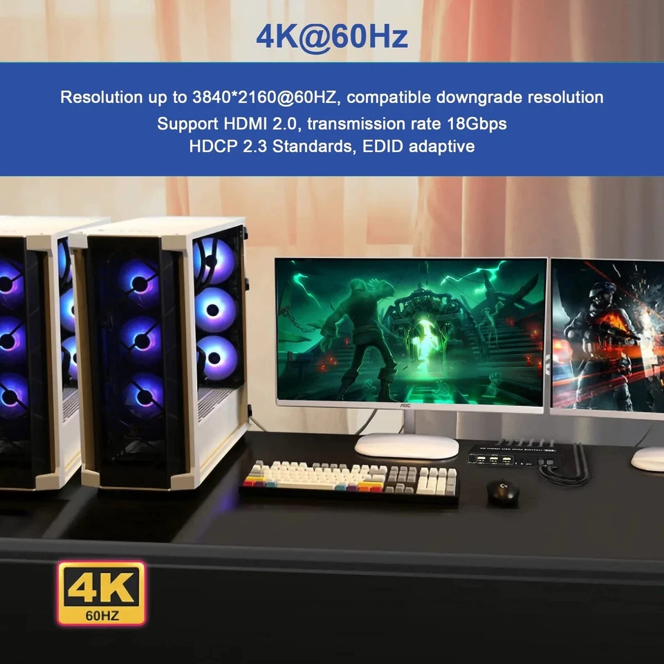 Dual Monitor HDMI KVM Switch 2 Computers 4K 60Hz, Extended Display HDMI KVM - Image 4 of 4