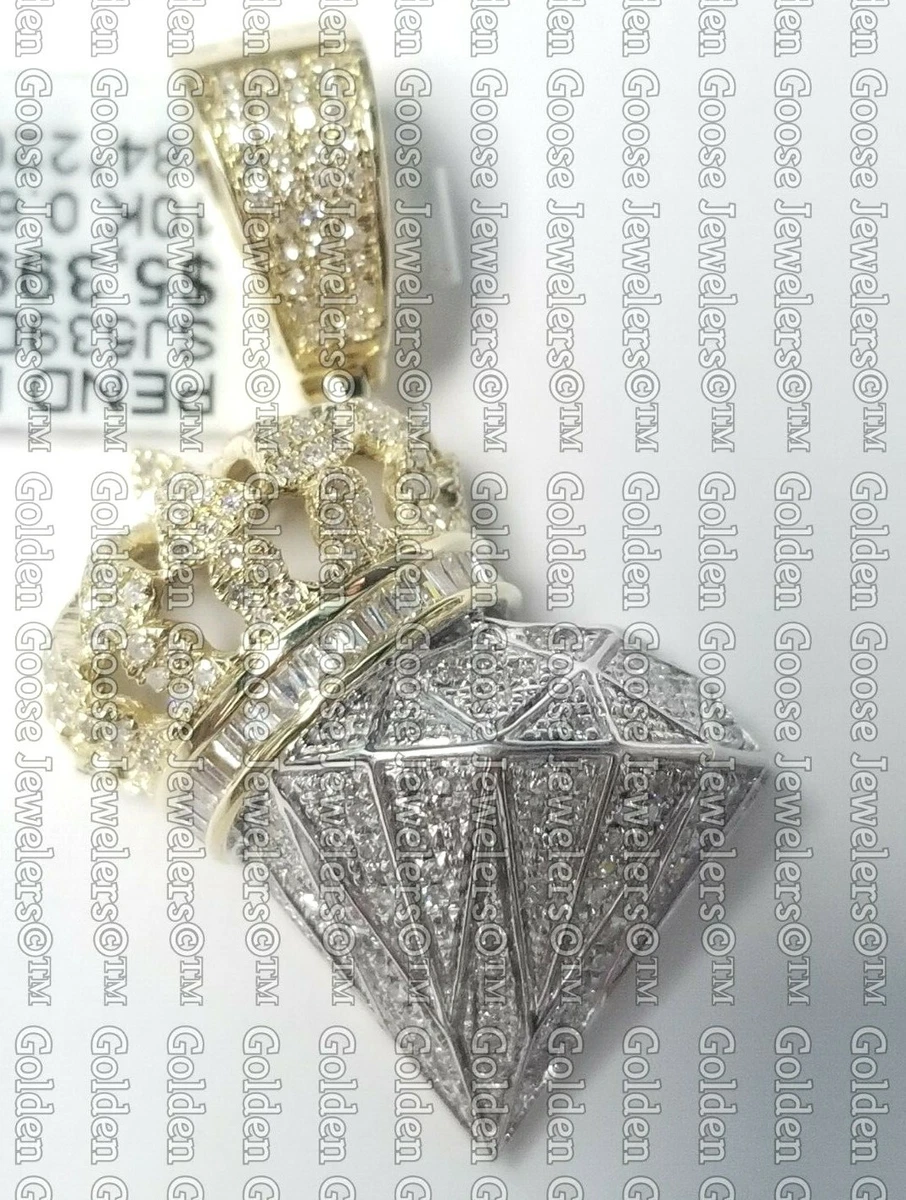 Yellow Gold Diamond Pendant Large Crown King Queen Royal Boss Shine Baguette 3D