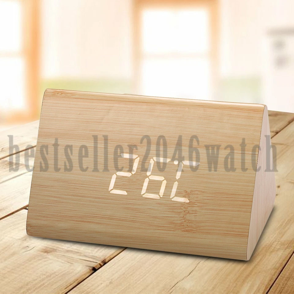 Moderno Reloj Despertador LED Digital Madera Retroiluminación Calendario Silencioso Termómetro Foto 4 de 4