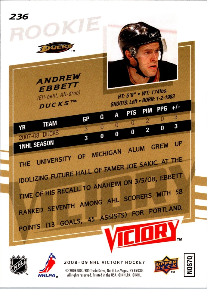 2008-09 Upper Deck Victory - #236 Andrew Ebbett (RC) - Image 2 of 2