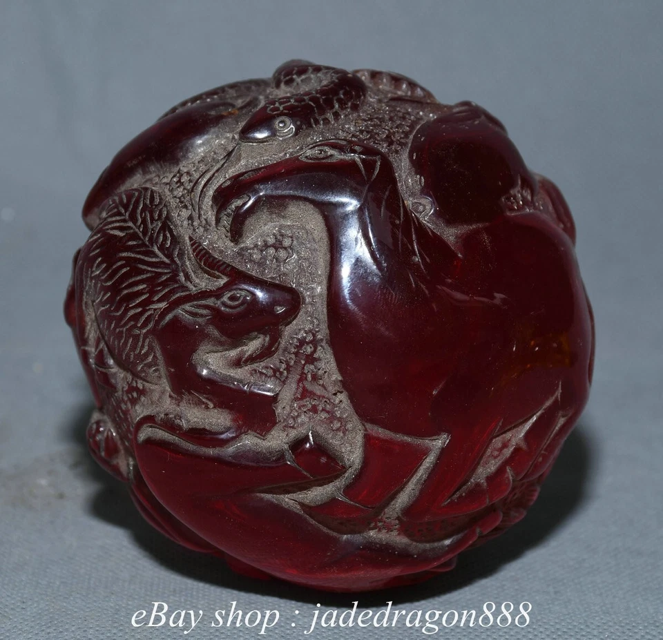 4" Old Chinese Marked Red Amber Carved 12 Zodiac Year Animal Pattern Round Ball - Image 4 of 4