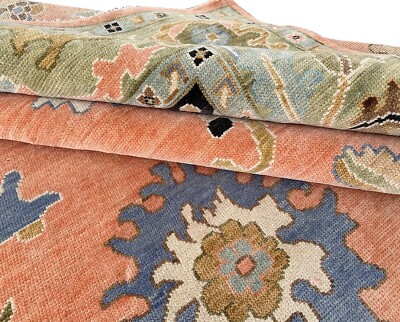 Modern Oushak Hand Knotted Rug 6x9 Peach All Wool Floral Carpet for Living Room