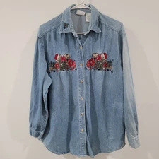 Vintage Bobbie Brooks Womens Button Up Top Size Large Christmas Cat Chambray