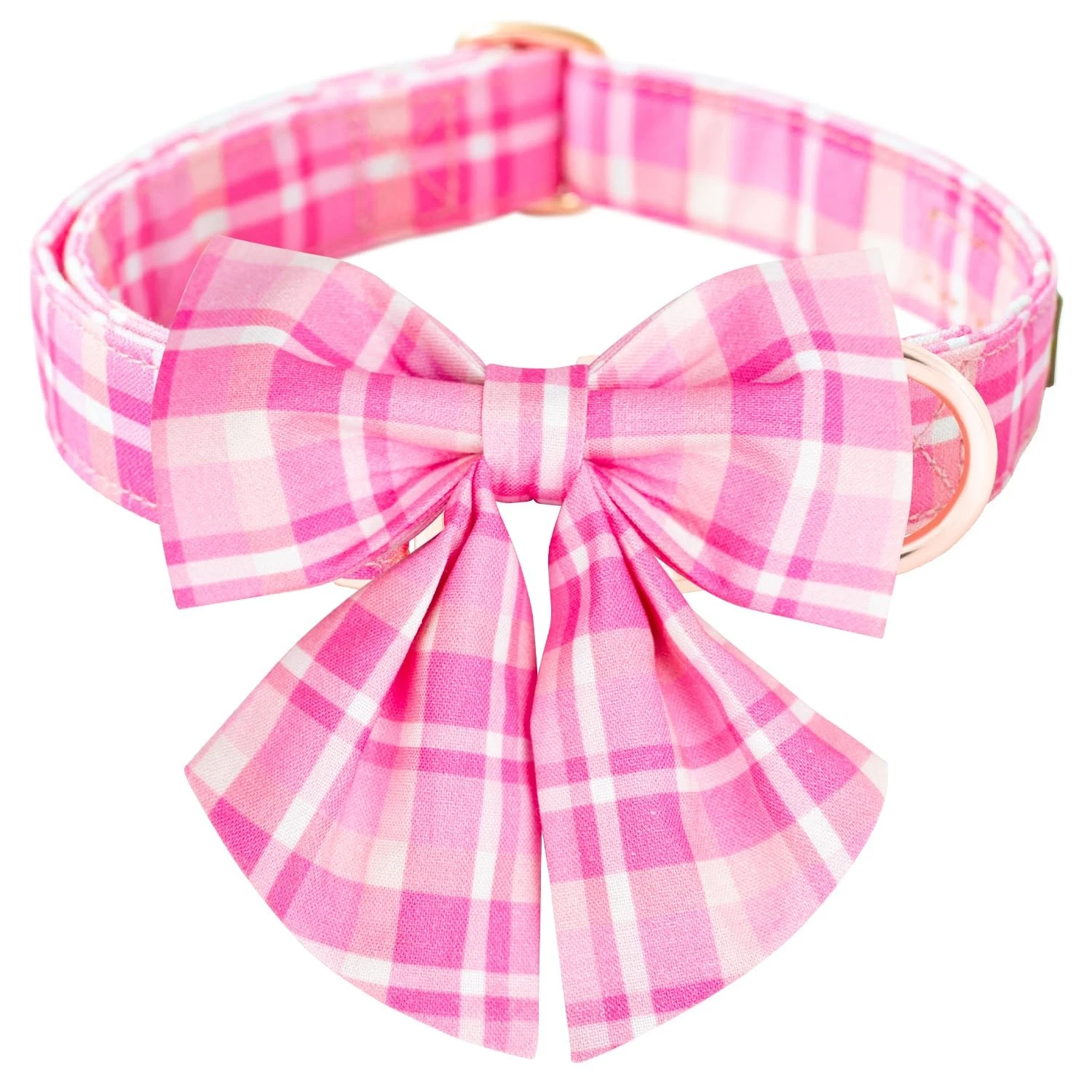 Elegant Pink Plaid Dog Collar Bow Tie Durable Cotton Adjustable Size S