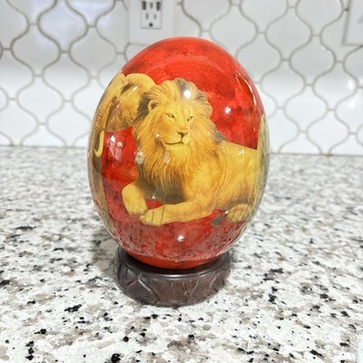Ostrich Egg Decoupage Art Work with Stand Home Decor Safari Style Gift Idea