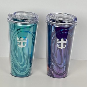 (2) Royal Caribbean Cruise Drink Beverage Package Cups Tumblers Purple Aqua Blue
