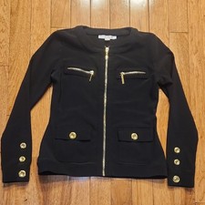 Boston Proper Black Blazer with Gold Buttons Zipper Pockets Size 8