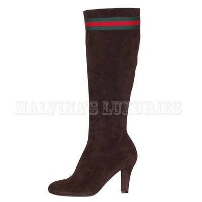 GUCCI BOOTS TALL KNEE HIGH BROWN SUEDE LEATHER WEB STRIPE $1,180 sz 34.5 / 4.5