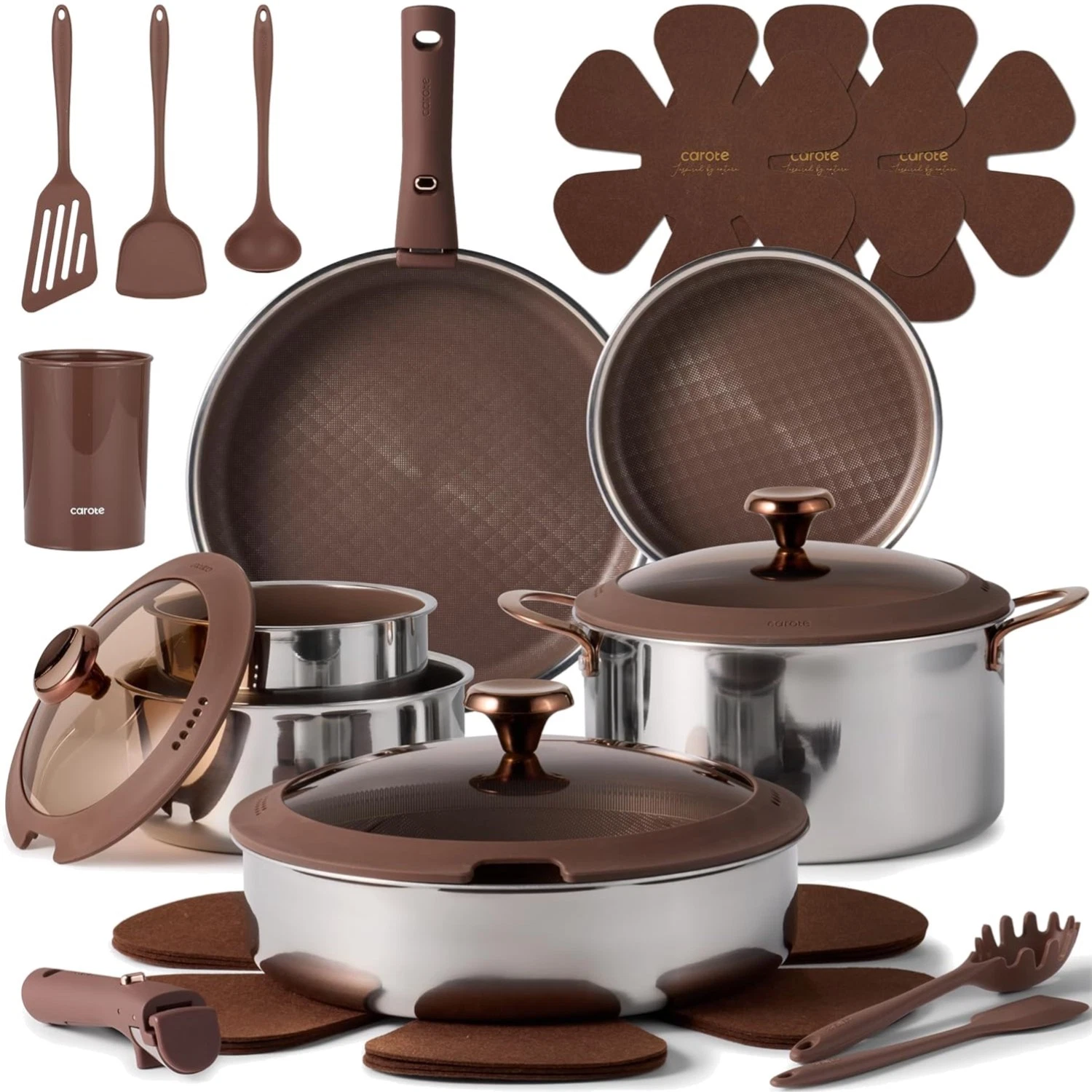 22PC Stainless Steel Induction Cookware Set with Detachable Handle in Brown