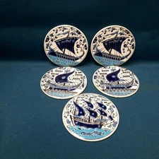 Set of 5 Vtg Nassos Paradissi Rodos Hellas Handmade Nautical Tile Coasters