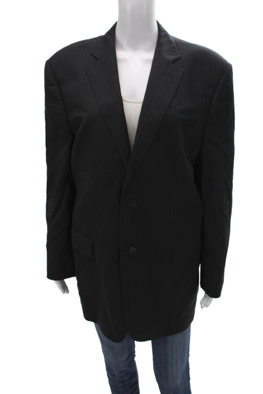 Ermenegildo Zegna Mens Black Striped Wool Silk Suit Jacket Button Size 48