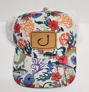 AVID GEAR Tropical Fish Island Floral Snap Back Hat with GOLD FISH HOOK Detail