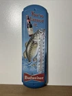 Vintage Budweiser Metal Tin 3D Thermometer With Giant Bass - 17” Man Cave Garage