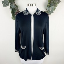 Ming Wang Blazer Jacket Size M Black Knit White Embroidery Collar Career Evening