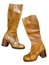 Vintage 1970s 70s Frye Style Knee High Campus Boots Hippie 7 7.5 Brown Leather