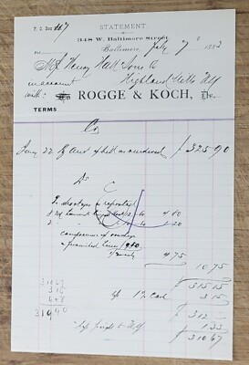 1883 Billhead Maryland Baltimore Rogge Koch