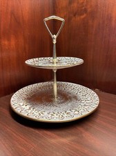MCM Stangl Pottery Antique Gold 2 Tier Tidbit Tray Serving Plate Platter 22Kt