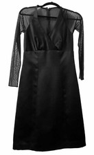 Vintage VERA WANG Dress 6 Black Satin Sheer Mesh Sleeves & Back A Line V Neck