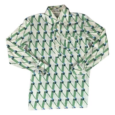 Vintage 90s does 70s White Green Mod Dagger Collar Geometric Op Art Shirt 38'' (36)