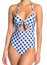  215 Splendid Swimwear Women's Blue Plaid Cutout Halter One-Piece Swimsuit Sz XS