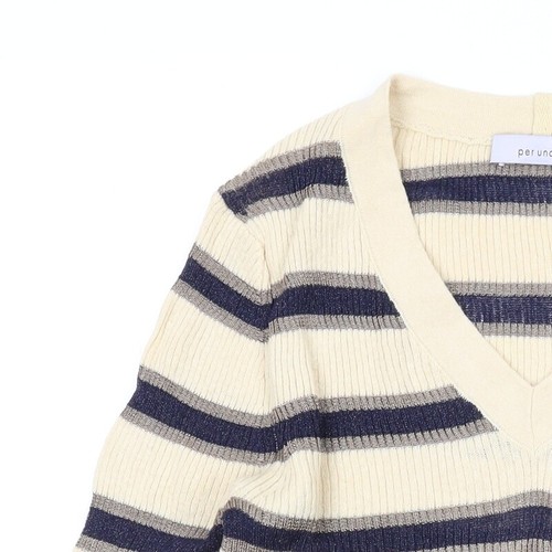 Per Una Womens Beige V-Neck Striped Cotton Pullover Jumper Size 10 - Picture 6 of 10