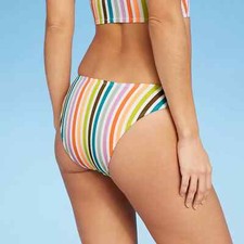 Juniors' Ribbed High Leg Scoop Bikini Bottom - Xhilaration Stripe Size Small 0-2