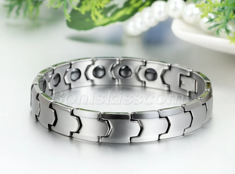 Men 10mm Wide Glossy Tungsten Carbide Charm Healthy Magnetic Bracelet Wrist Link - Image 2 of 3