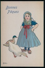 sg Bottaro Art Deco country girl with Goose duck birds original 1920s postcard
