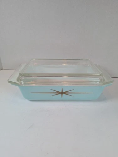 PYREX 1960s Atomic Starburst 575-B 2 QT Casserole Dish W/Lid Turquoise Gold RARE