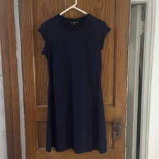 J.CREW Navy Knit Shift Dress Ruffle Crew Neck Short Sleeve Knee Length Size M